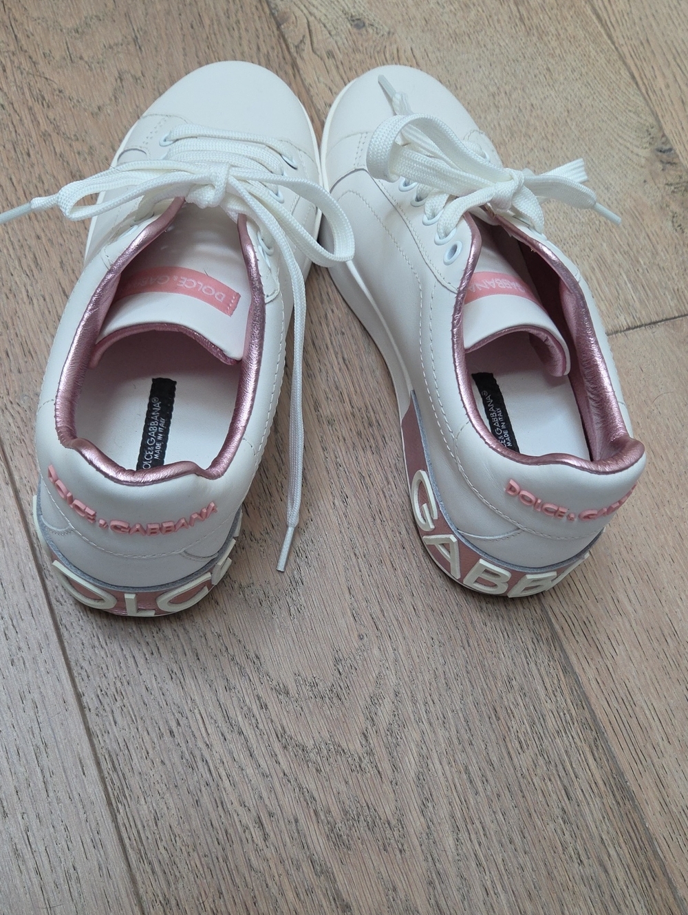 White Leather Sneakers with Metallic Pink. Size 37 - Picture 2 of 5